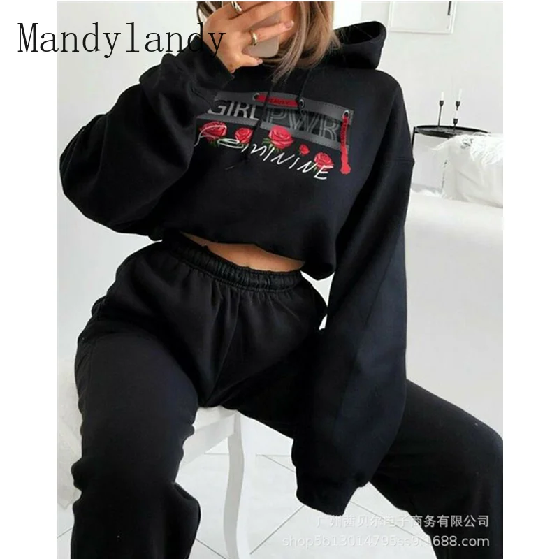 

Mandylandy Women Autumn Tracksuit Lady Casual Fashion Sport Floral Print Hoodies Elastic High Waist Pants Two Piece Set Outfits