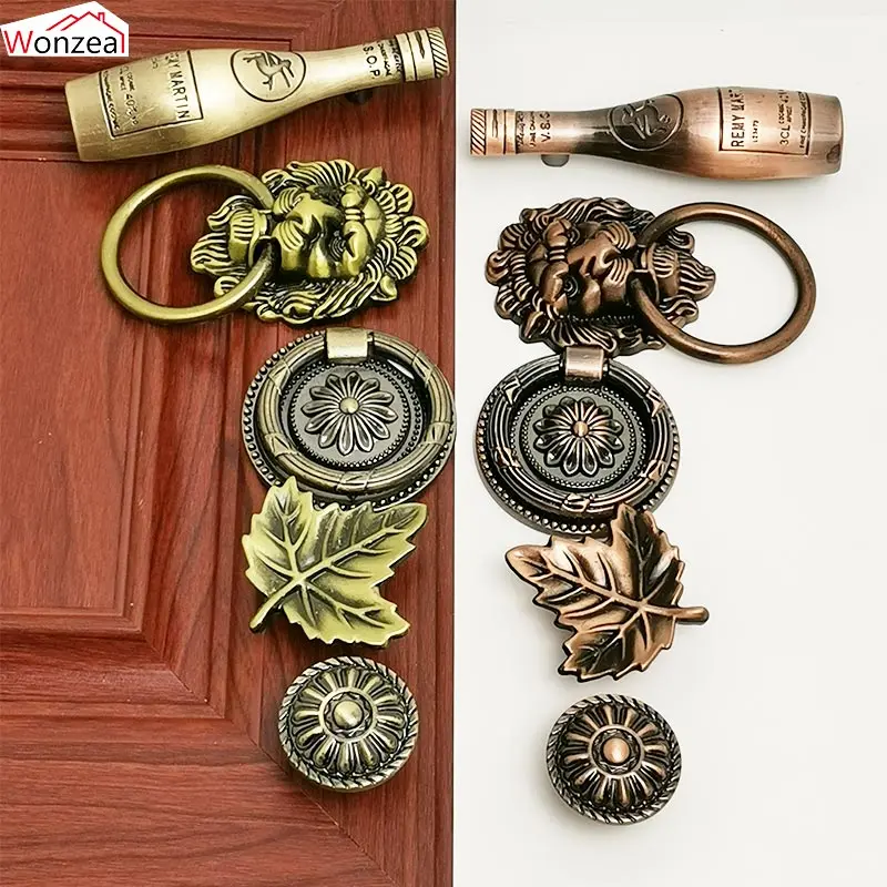 

5PCS Antique Bronze Knobs Kitchen Cabinet Handle Drawer Handles Lion Head Leaves Wine Bottle Shape Cupboard Wardrobe Pulls