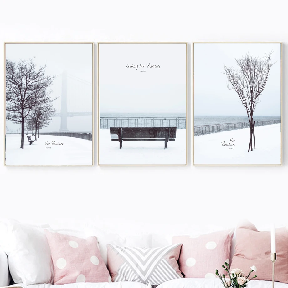 Скандинавские плакаты и принты дерево стул холст живопись Зимний снег Пейзаж