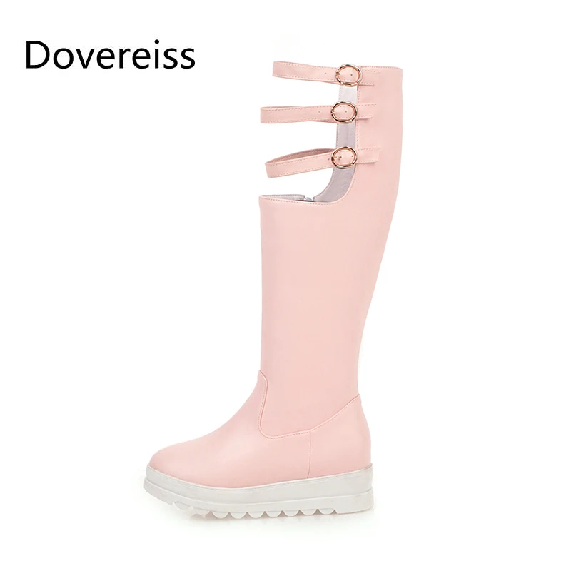 

Dovereiss Fashion Female boots Winter Elegant new sexy pink white consice Buckle Zipper Wedges Knee high boots 43