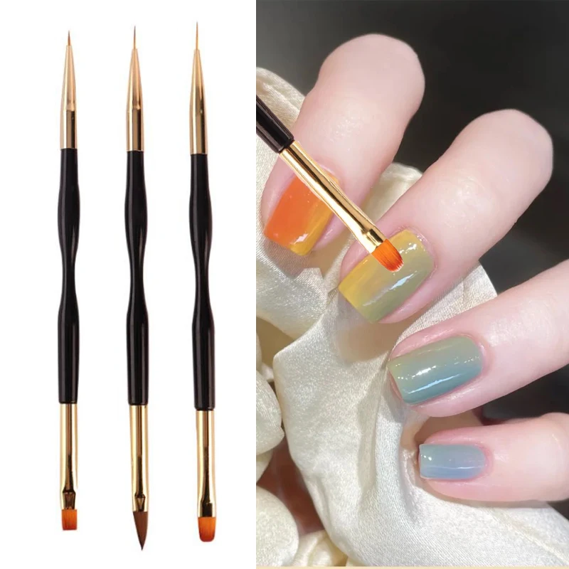 3Pcs Acrylic French Stripe Nail Art Brush 3D Ultra-thin Line Drawing UV Gel Painting Pen Double Head Professional Manicure Tools