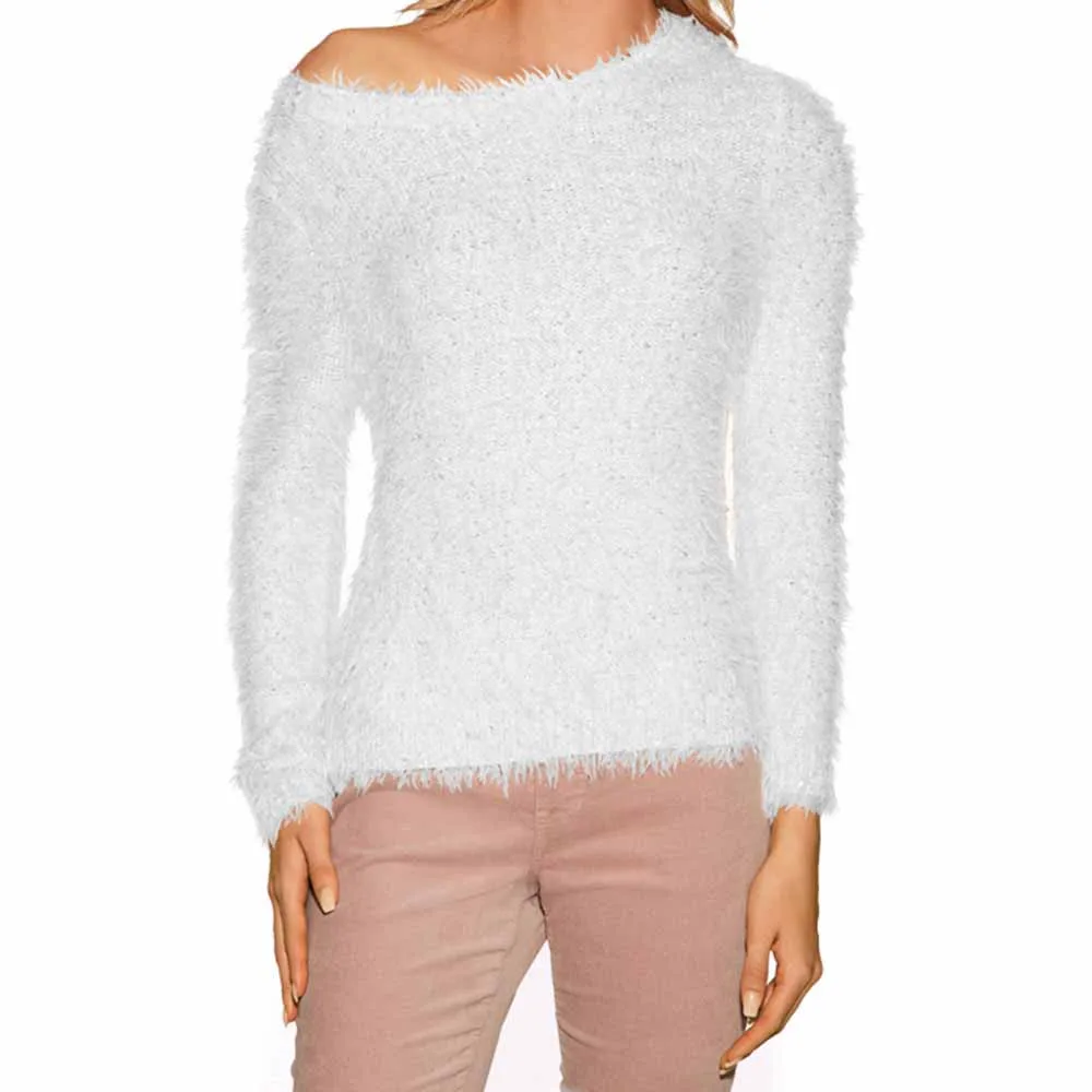 Женский однотонный теплый свитер с круглым вырезом тонкий длинными рукавами