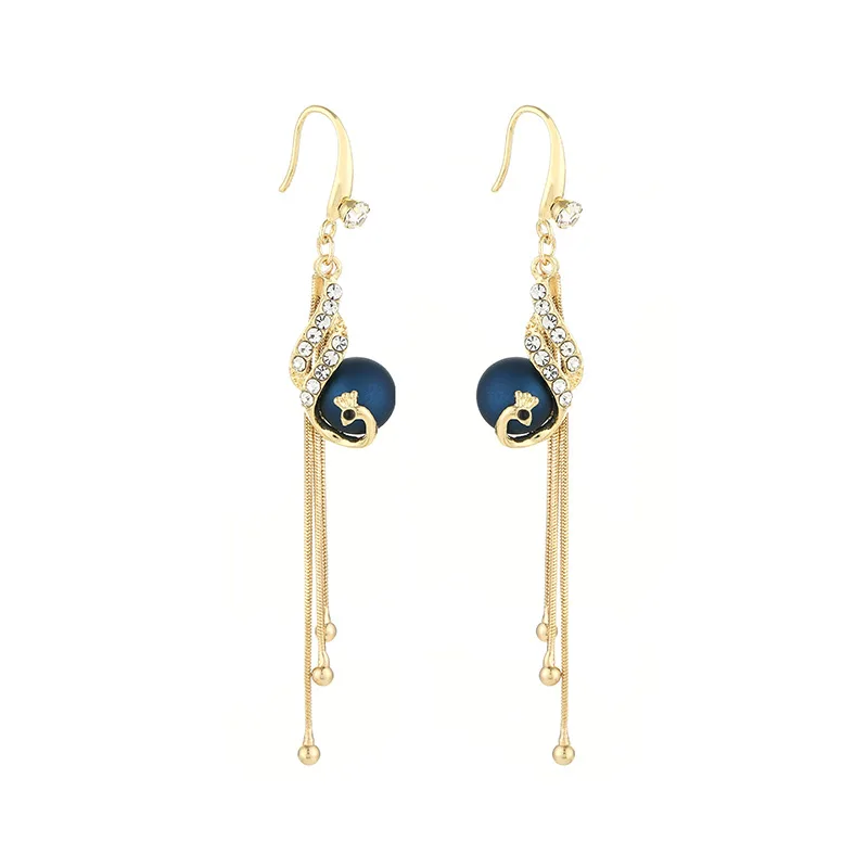 

Luxury Female Crystal Peacock Drop Earrings Charm Gold Color Dangle Earrings For Women Vintage Tassel Long Wedding Earrings