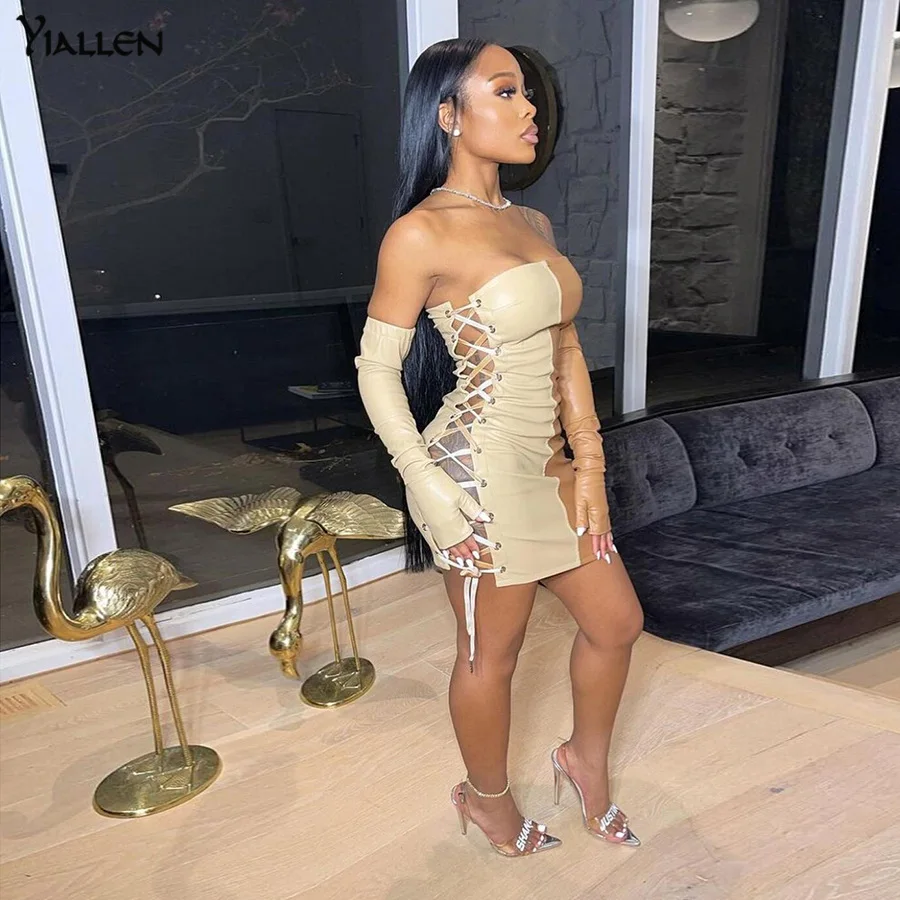 

Yiallen Fashion Sexy PU Leather Patchwork Hollow Out Bandage Strapless Dress Women Summer Beach Street Club US Style Dress