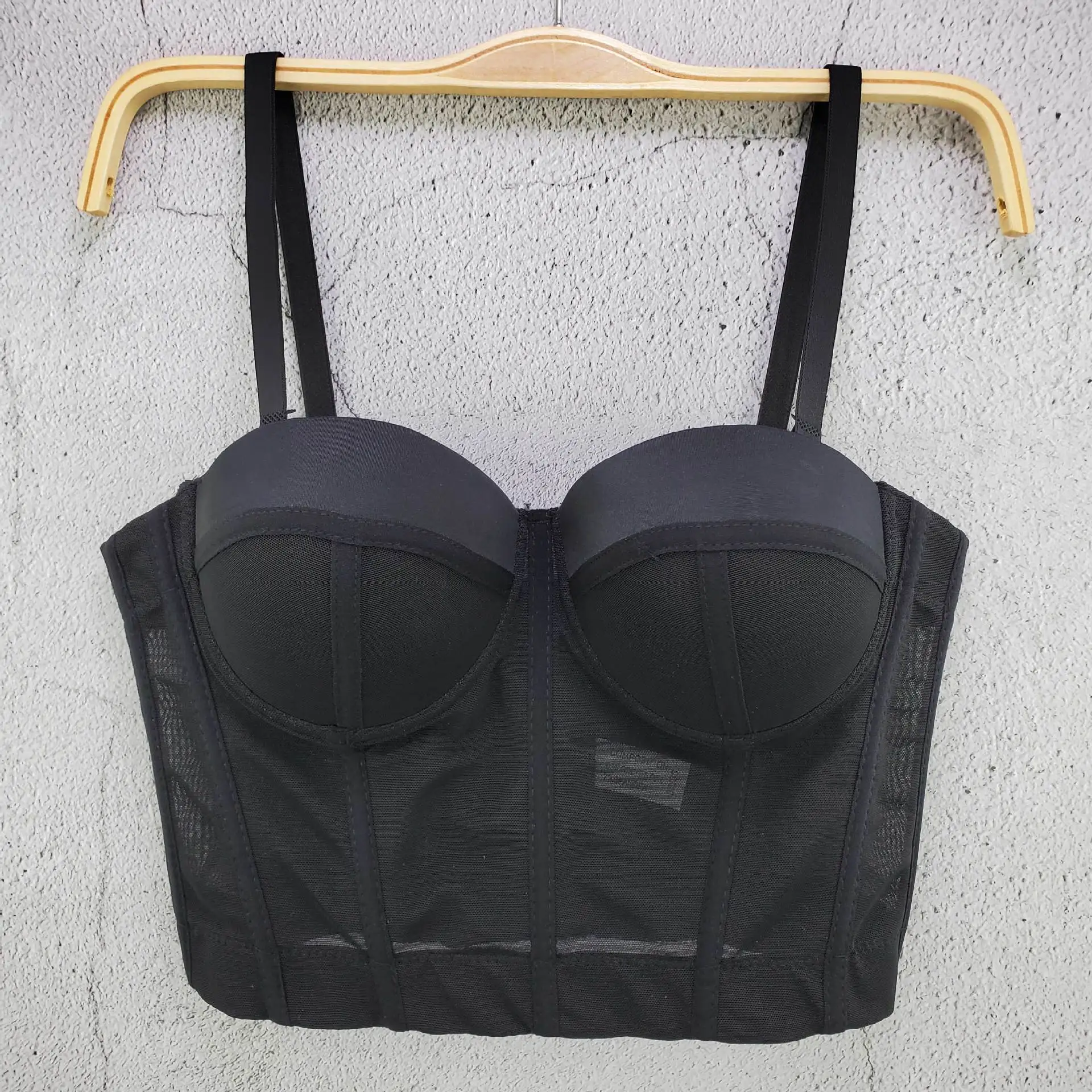 

2021 New Product Boat Collar Solid Color Mesh Camisole Fashion Slim Cropped Tops Women Push Up Gathered Underwired Bra Y1208