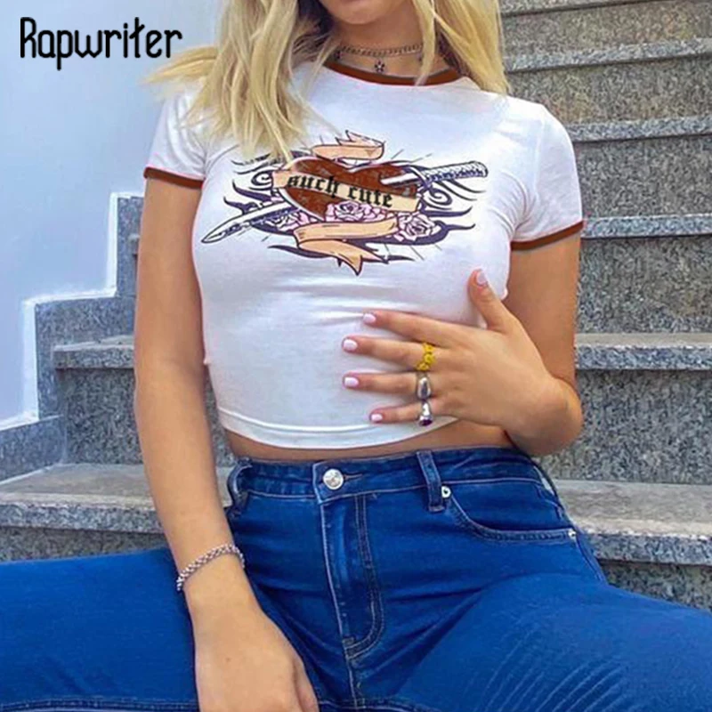 

Rapwriter y2k Cartoon Printed T Shirt For Girl Casual Fashion Short Sleeve Crop Top Harajuku Panelled Sweatshirt Chic Streetwear