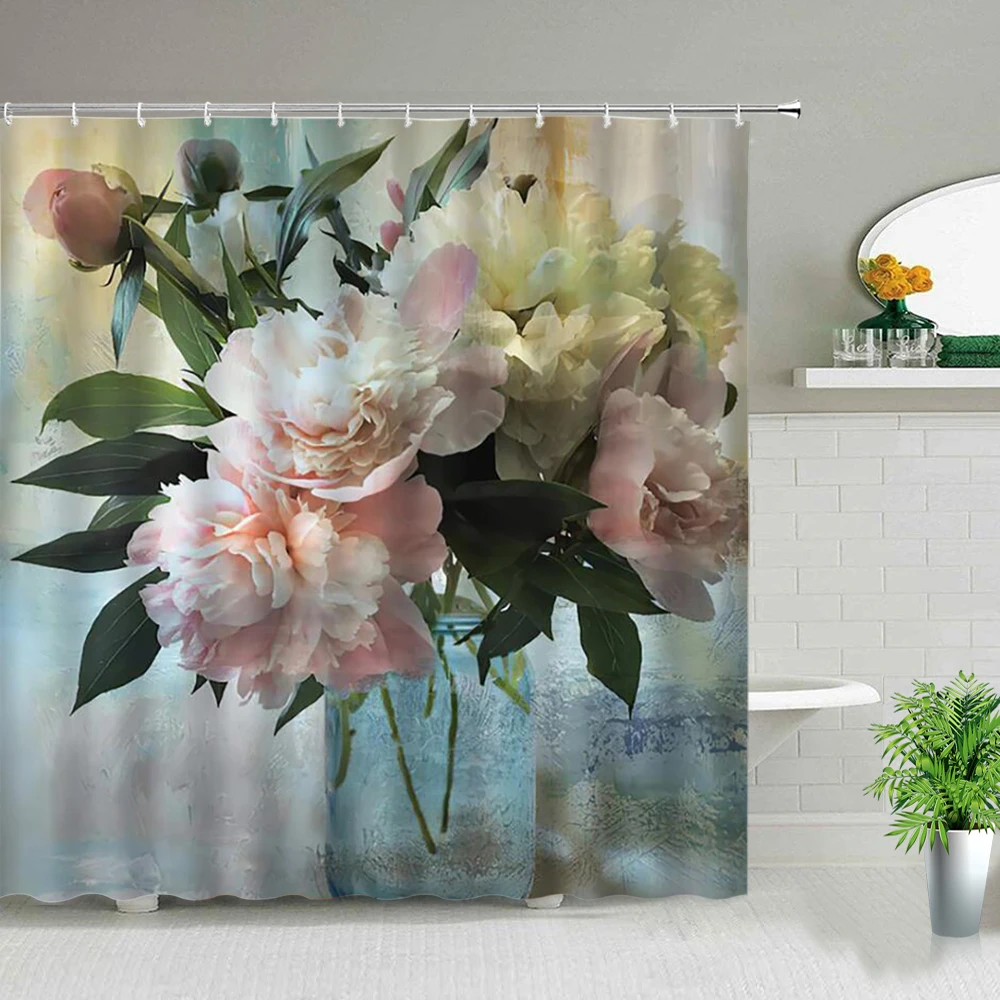 

European Retro Beautiful Pink Flowers Bathroom Curtains Oil Painting Watercolor Shower Curtain Waterproof Bathtub Home Decor
