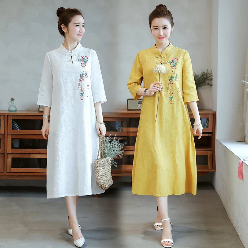 Платье женское хлопково-льняное в китайском ретро стиле винтажное вечернее