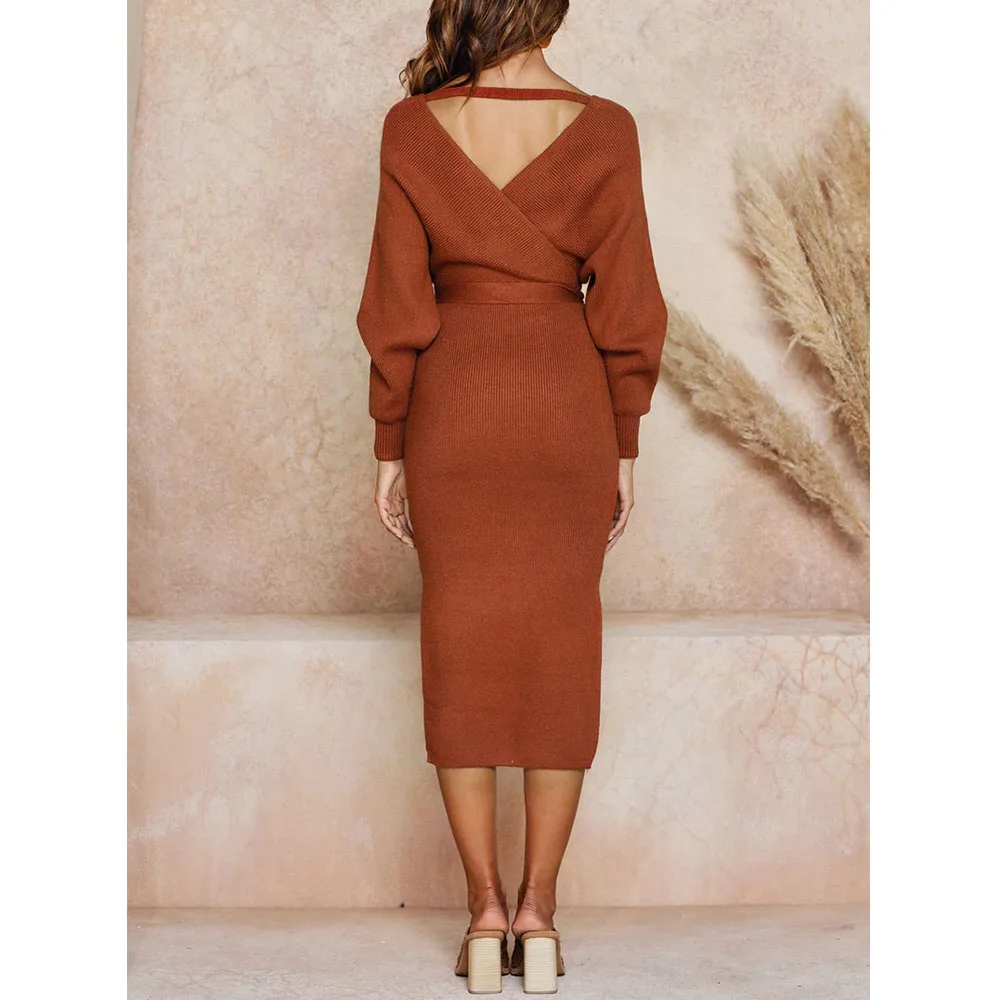 Женское вязаное платье с V образным вырезом однотонное на шнуровке длинным