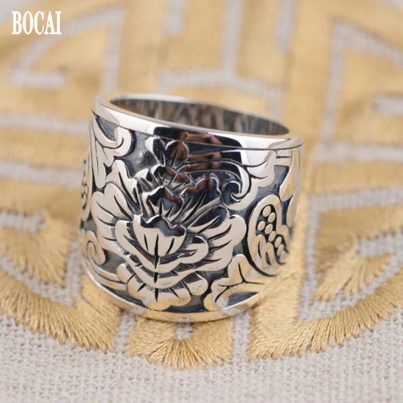 Мужское кольцо с цветами BOCAI серебряное в стиле ретро широким лицом ювелирное