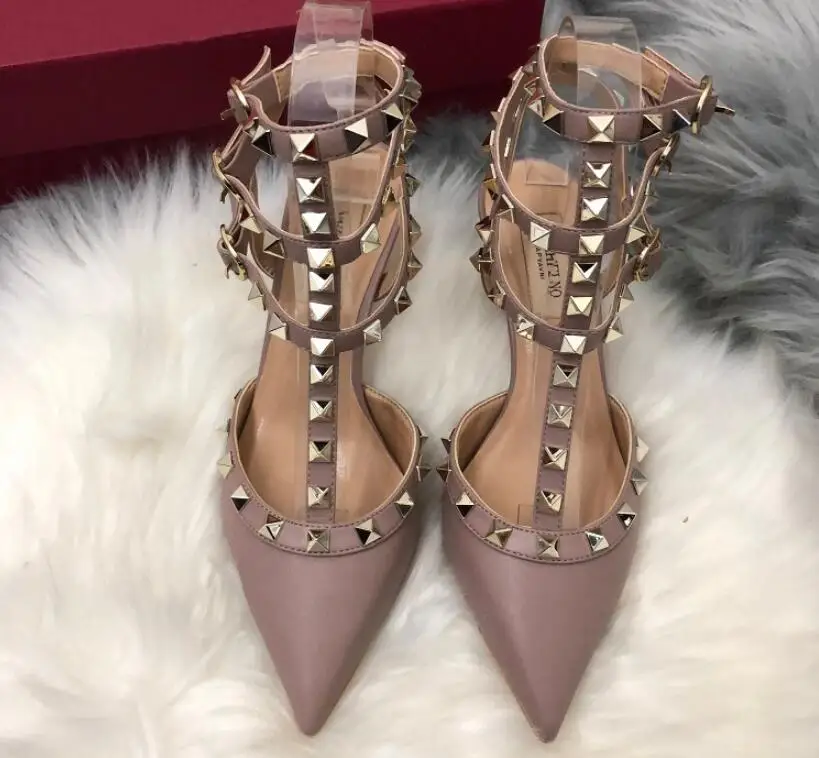 

Designer 6cm women high heel sandals Genuine Leather women wedding shoes with rivets black/nude classics v