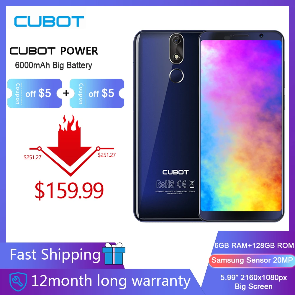 Cubot Power Helio P23 Octa Core 6 ГБ+128 Гб 6000 мАч Большая Батарея Оригинальная Google Android 8,1 5,9" FHD+экран смартфона 16.0MP 6P объектив телефо