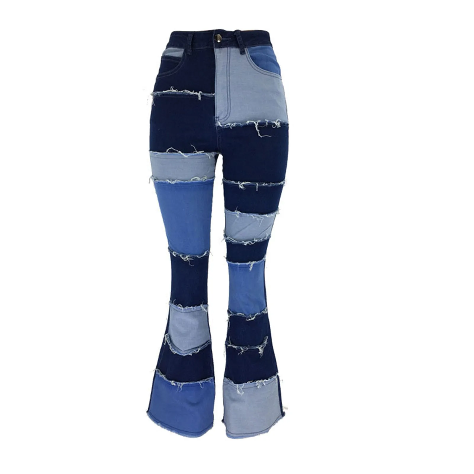Женские расклешенные джинсы с заплатками винтажные модные брюки из денима