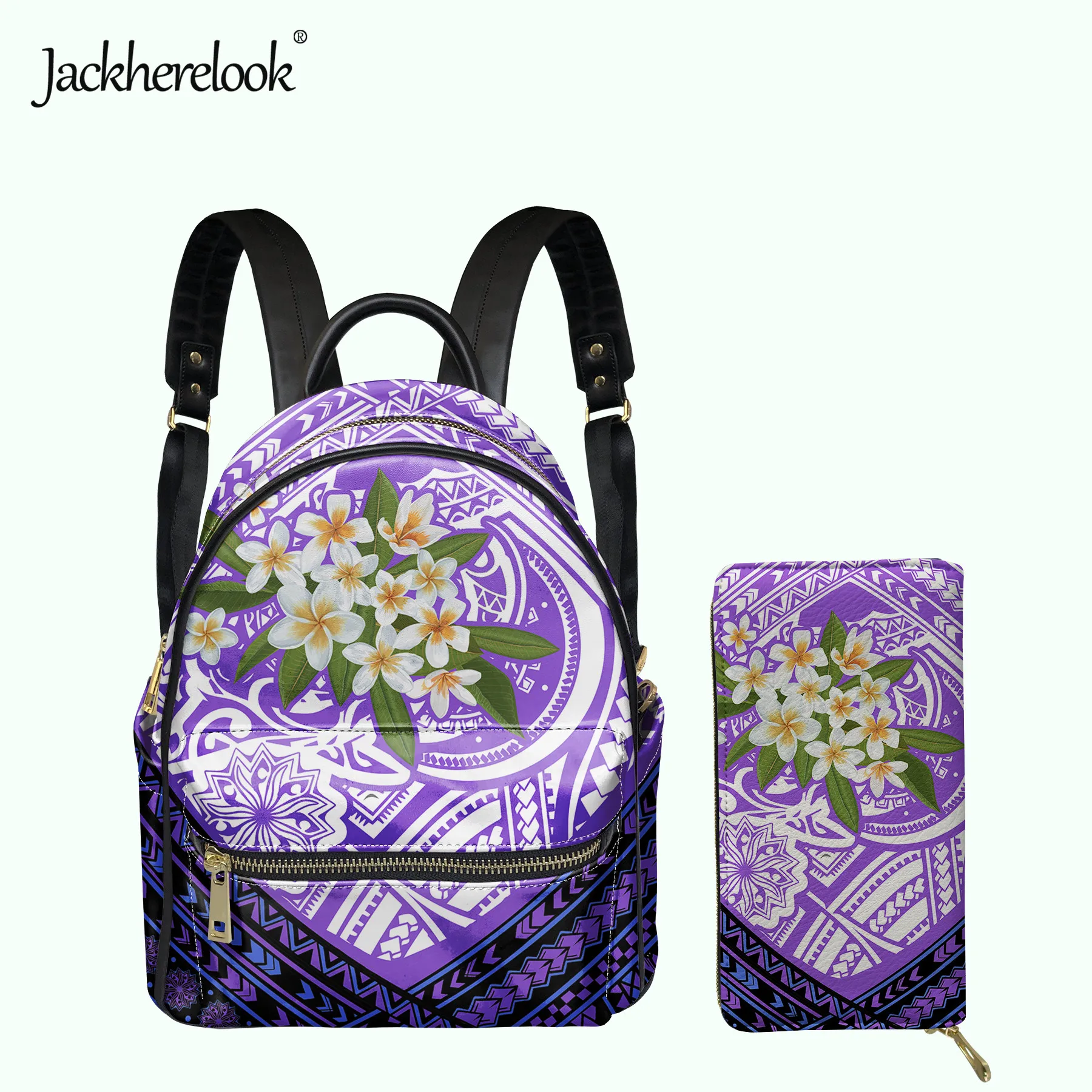 

Jackherelook Polynesian Plumeria Design Mini PU Backpack & Wallet 2pcs/Set for Women Girls Small Campus Schoolbag Satchel bolso