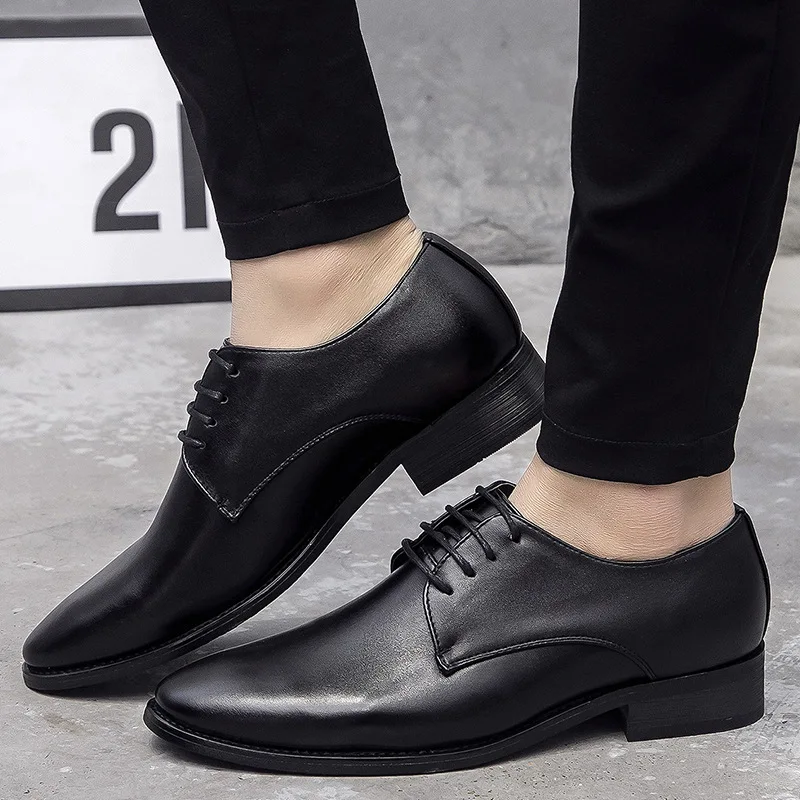 

Men Fashion Black Leather Shoes Business Casual Shoes Pointed Toe Shoes Wedding Lace Up Dress Shoes Plus Size