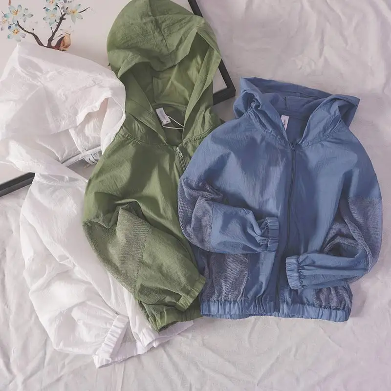 

Girls Sun-protection Jacket 2021 New Summer Boys Girls Solid Color Outwear Children Hooded Elastic Patchwork Clothing