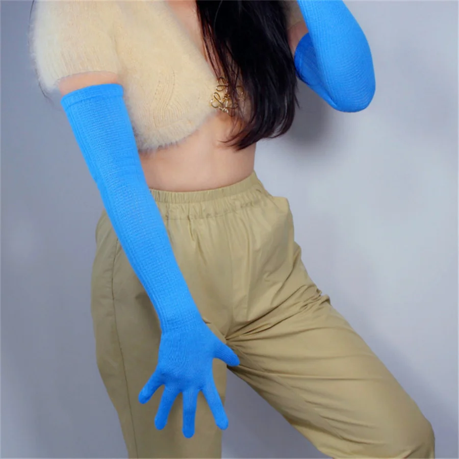 

Fashion Long Wool Gloves 55cm Knitting Five Fingers High Elastic Wool Women'S Sky Blue S00235-1