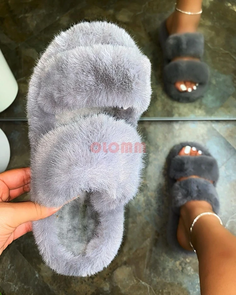 

Hot Sale 2020 Women Shoes Autumn Plush Slippers Flat Open Toe Solid Color Fashion Comfortable Plus Size 40