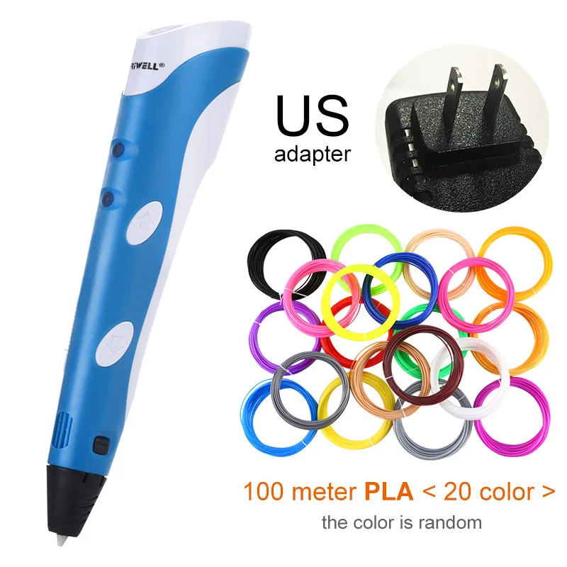 Myriwell, 3D Ручка,, сделай сам, 3D печать, ручка с 100 м ABS/PLA нитью, креативная игрушка, подарок для детей, дизайнерский рисунок - Цвет: Blue US-100m PLA