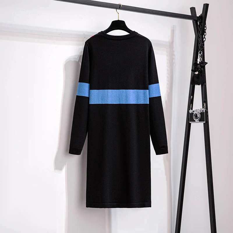 

LUKAXSIKAX 2021 New Spring Autumn Women Long Sleeve Knitted Dress High Quality Fashion Contrast Color Sweater Dress