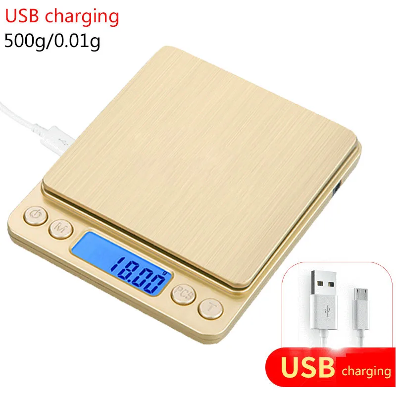 USB 500g-0.01g gold Ювелирные весы 3 кг/0,1 г USB lcd Цифровые электронные весы для взвешивания Высокая Точность ювелирные граммы весы для кухни - Цвет: USB 500g-0.01g gold