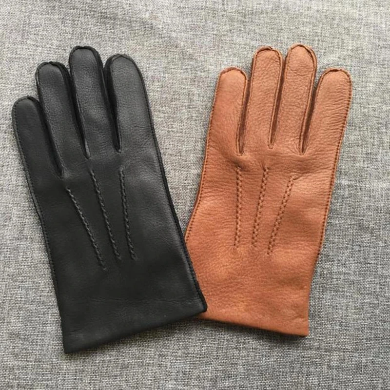 

Fashion Men Deerskin Gloves Wrist Solid Genuine Leather Gloves Male Winter warm Driving Gloves Man New Mittens Free Shipping