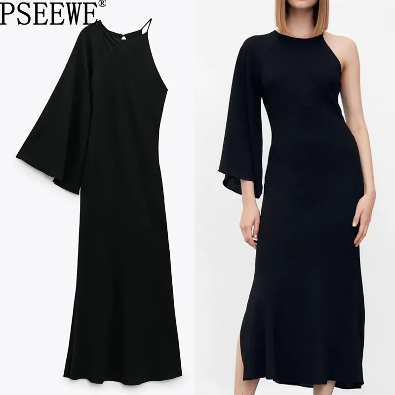 

PSEEWE 2021 Черное длинное платье, женское асимметричное платье на одно плечо, женские летние платья с длинным рукавом, элегантные вечерние плат...