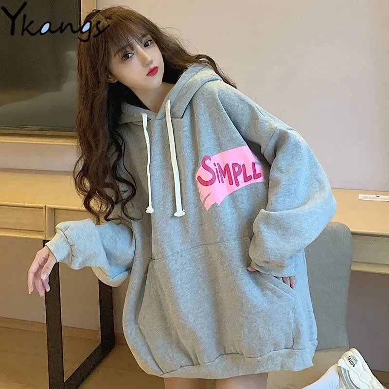 

M-4XL Korean Loose Hooded Women Pullover Fashion Printed Long-sleeved Ladies Blouse Autumn Winter New Outdoor Leisure Sweatshirt