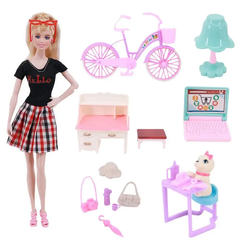 

Fashion Handmade 16 Items/Lot Kids Toys =1 Bike Desk Small Seat Table Lamp Laptop + 5 Dogs Kits +5 Doll Accessorie For Barbie