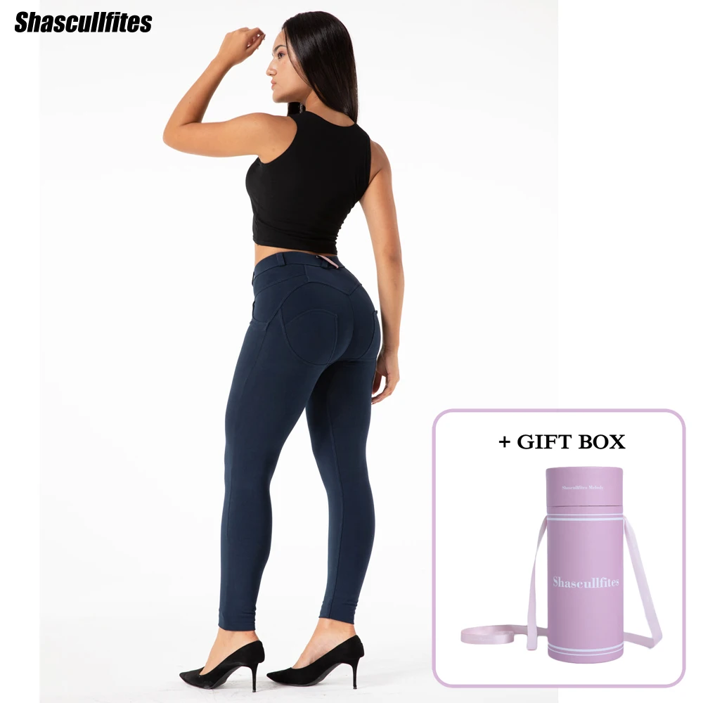 

Shascullfites Melody Navy Blue Spandex Leggings Women Push Up Pants High Waist Yoga Tights Workout Legging with Gift Box Package