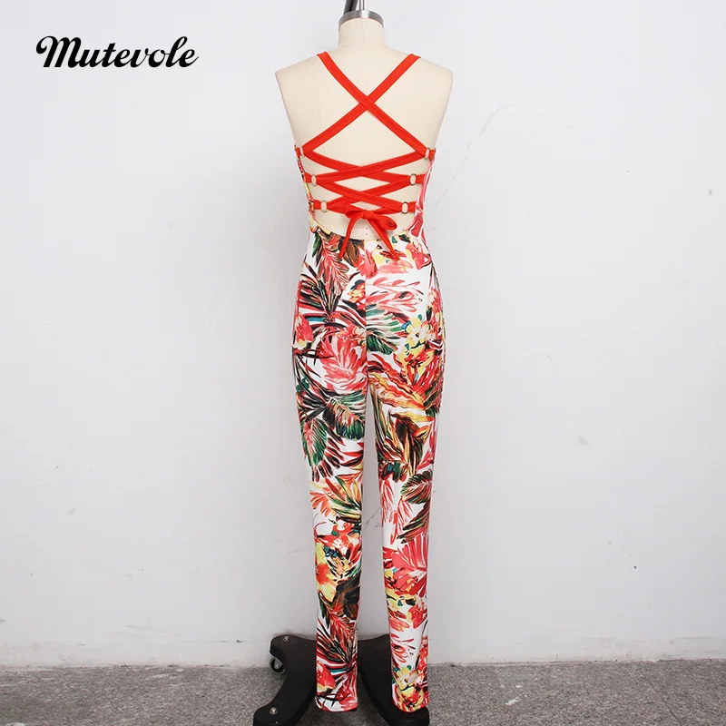 Mutevole Leaves Print Bodycon Bandage Jumpsuit Women Bohemian Spaghetti Strap Patchwork Sexy Summer Sleeveless | Женская одежда