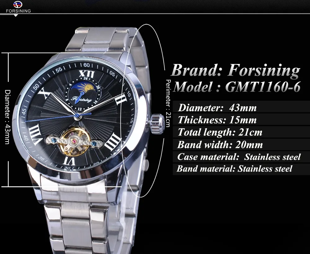Forsining классические мужские Tourbillon механические часы модный бренд черный Moonphase бизнес стальной ремешок автоматические часы Reloj Hombre