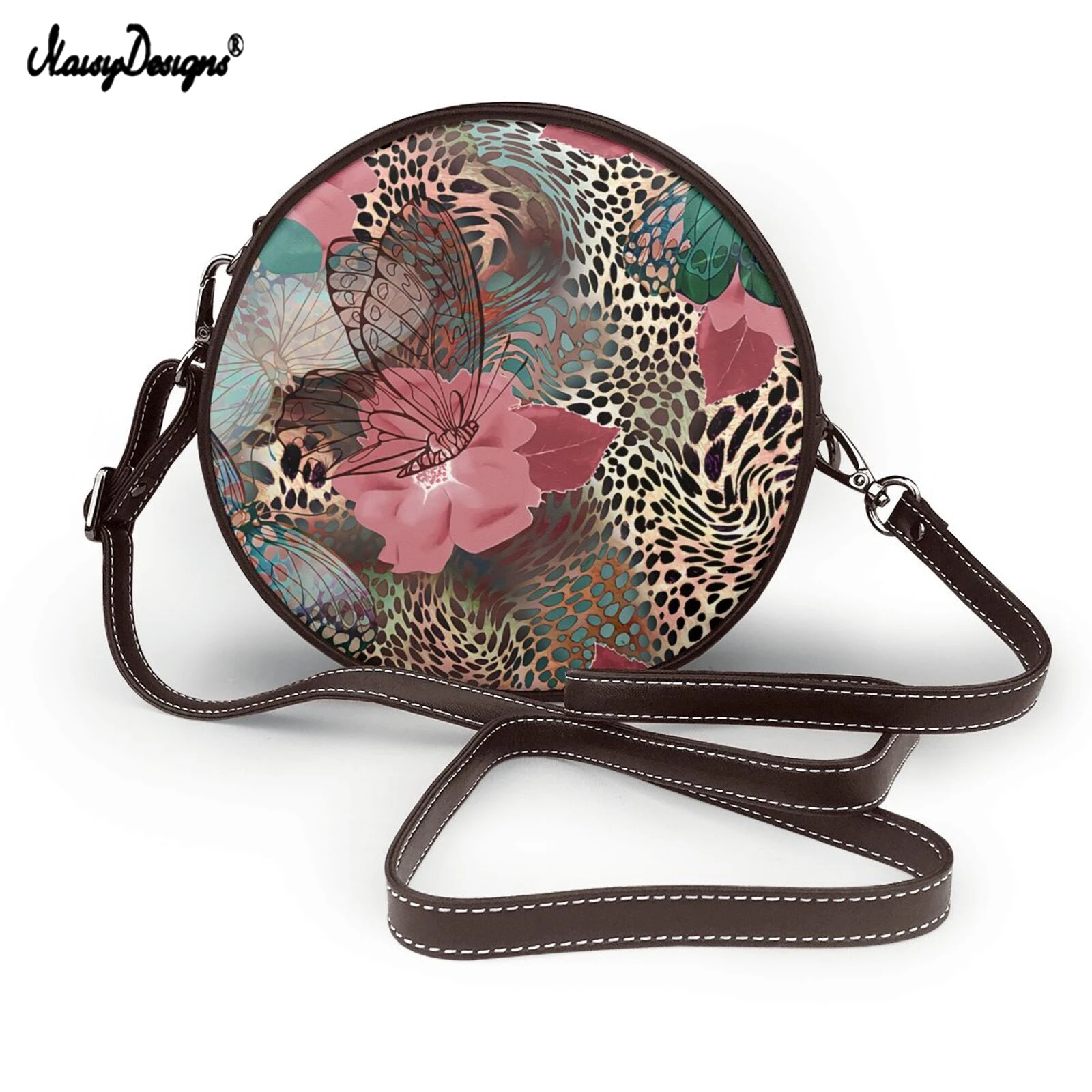 

NOISYDESIGNS Fashion Leopard Butterfly Women Circular Messenger Bag Female Round Handbag PU Leather Ladies Crossbody Bag Bolsas