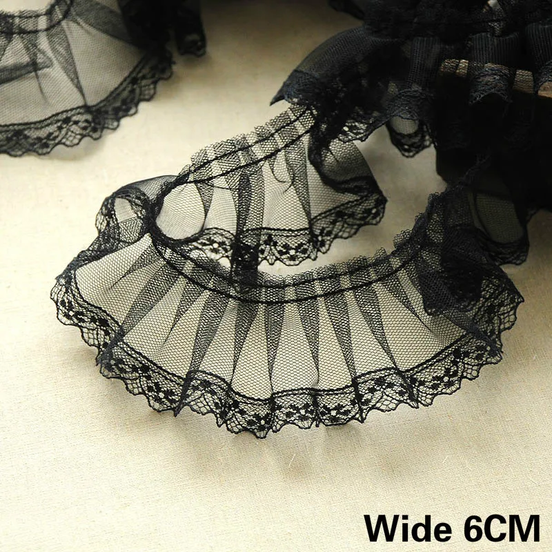

6CM Wide Black Mesh Fold Lace Fabric Embroidery Ribbon Fringe Ruffle Trim Handmade DIY 3d Pleated Dress Skirts Sewing Supplies