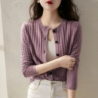 pure color sunscreen knitted cardigan coat womens hollow out thin pink ice silk sweater top womens summer