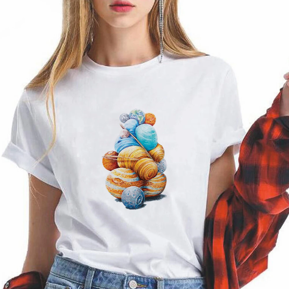 

Planet Printed T-Shirts Women Fashion Streetwear Girls Short Sleeve Tops Tees Versatile Summer White T-Shirts Female Trendy
