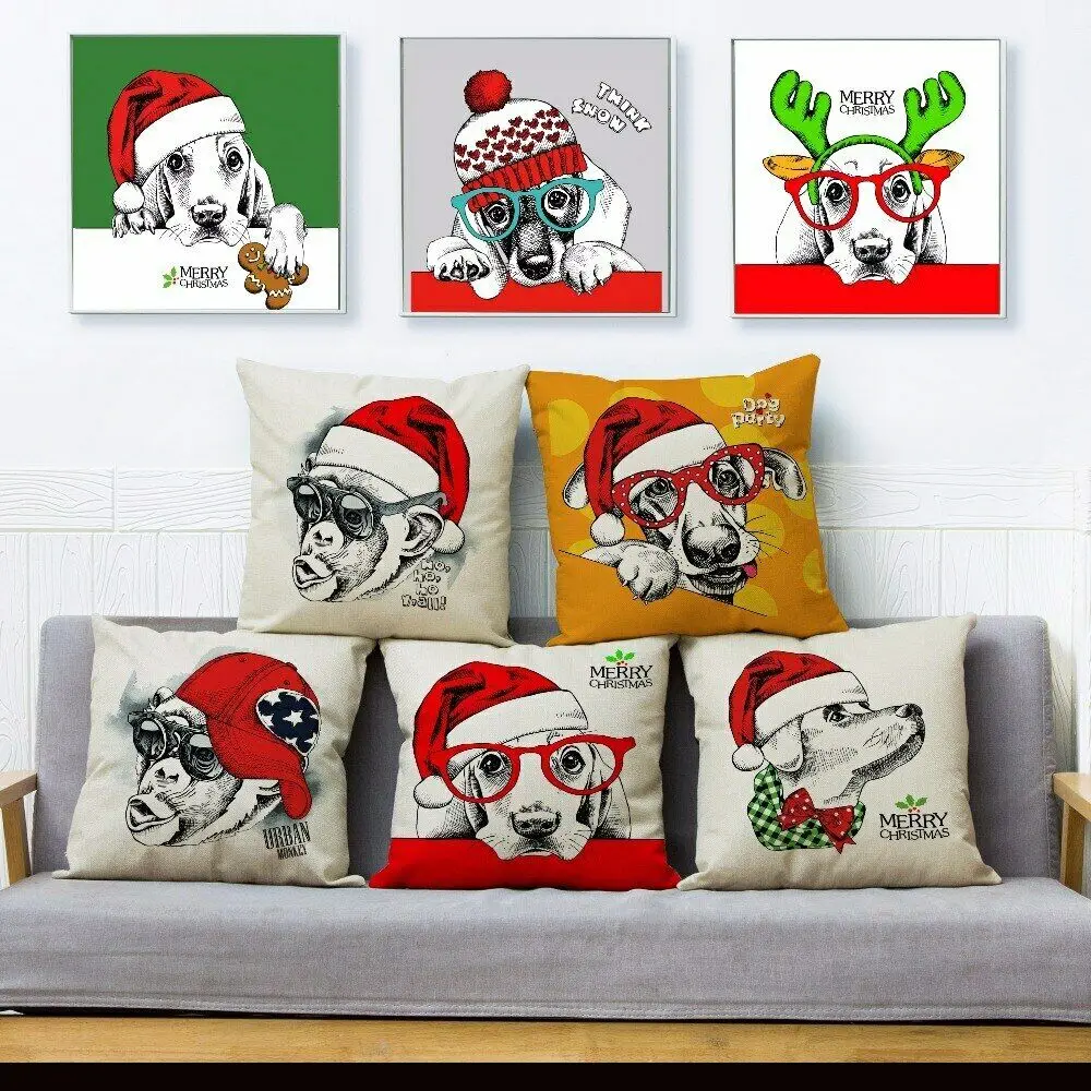 

Cute Cartoon Christmas Animals Dog Cat Monkey Print Pillow Cushion Covers Linen christmas decorations christmas pillow cover