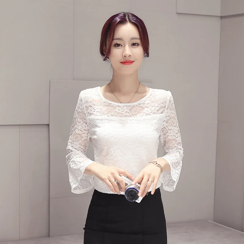 2017 Весенняя Кружевная блуза большого размера свободная 3/4 рубашка с