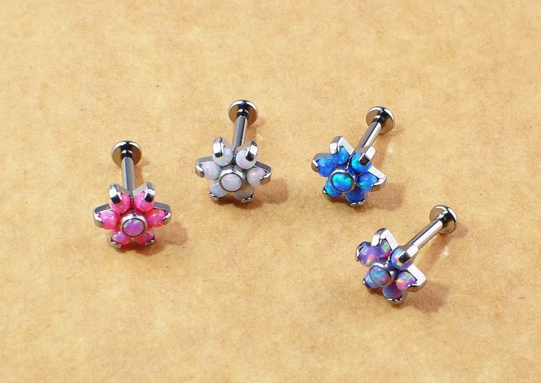 ASTM F136 титановый опал 16 г 18 г цветок опал Threadness push in Labret пирсинг губ Tragus Daith серьги спираль серьги, Надеваемые На ушной хрящ