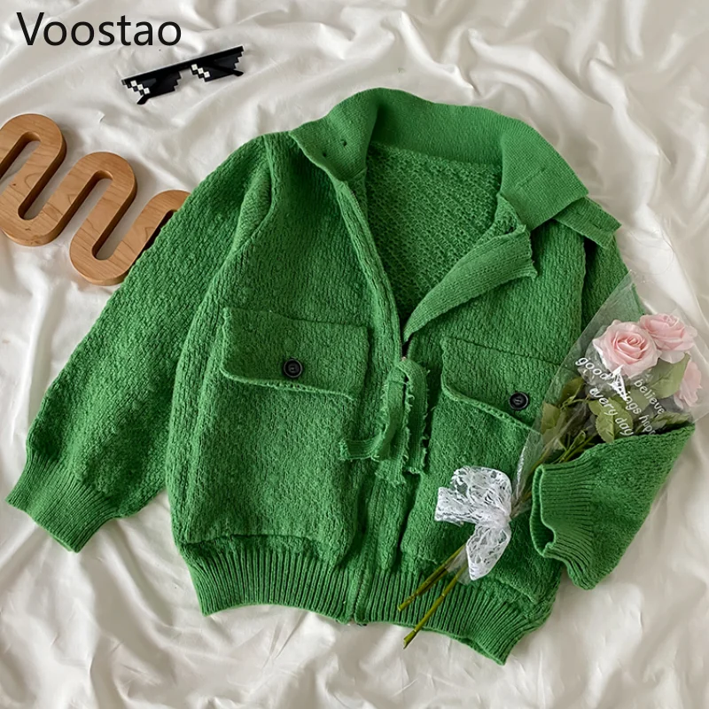 

Autumn Winter Vintage Loose Sweater Cardigan Women Casual Chic Zipper Knitted Pullover Female Streetwear Warm Outerwear Tops