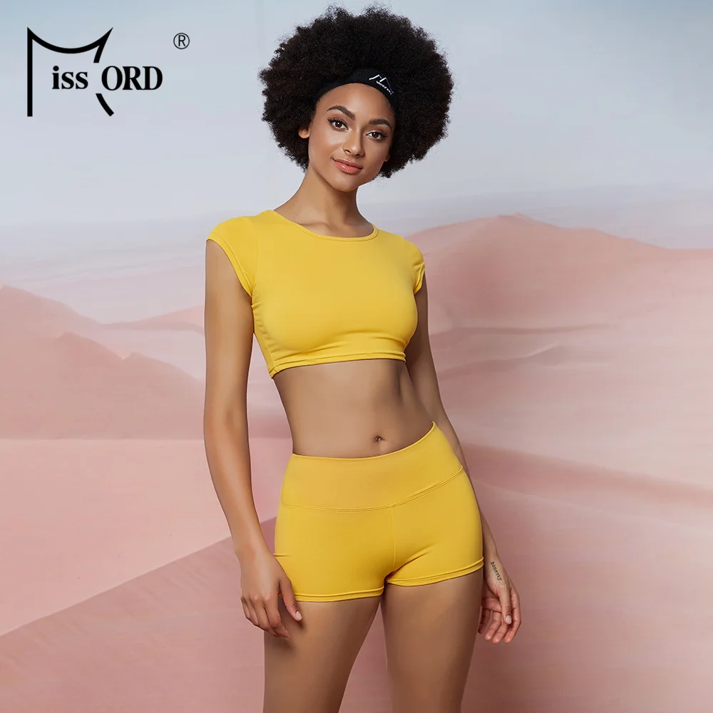 

Missord Solid Color O Neck Short Sleeve 2pcs Yoga Set Gym Sportswear Gym Clothes Fitness Crop Top Quick Dry Running Set MY022