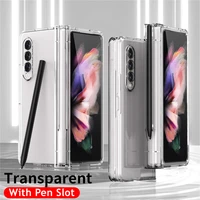 s pen slot holder transparent case for samsung galaxy z fold 3 5g phone cover 360 hinge full protection case with front glass