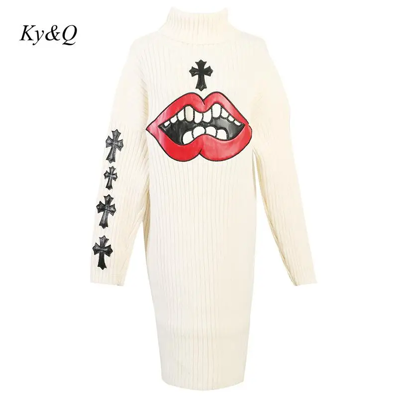 2020 Spring Designer Women Turtleneck Knit Long Sweater Dress Cross Lip Print Sleeve Pullover Luxury Fashion Clothes Jumper | Женская