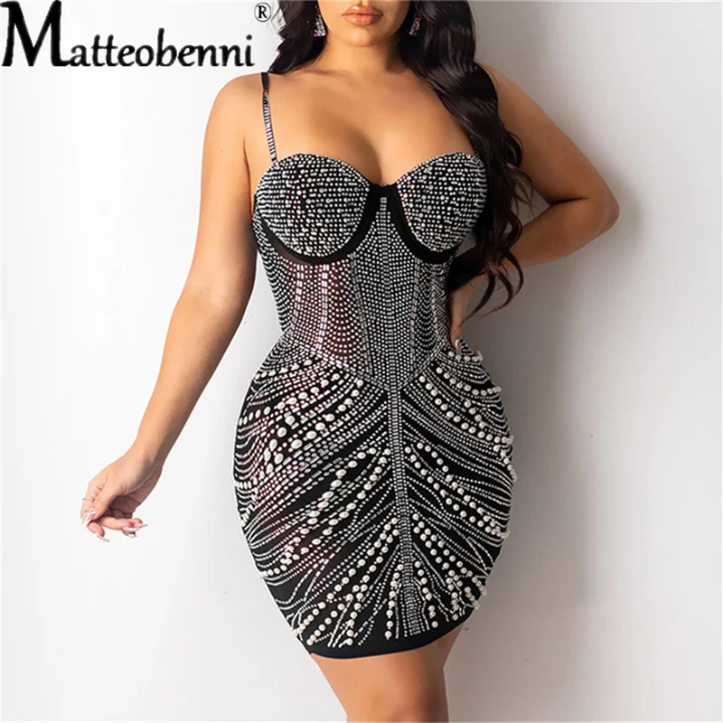 

2021 Summer Rhinestone Tube Top Mini Dresses Women Spaghetti Strap Sexy Skinny Sleeveless Dresses Ladies Fashion Elegant Dresses