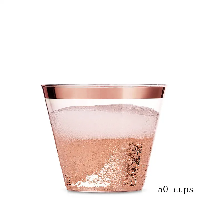 Rose Gold Cups 50pcs Прозрачные пластиковые стаканчики, 50 шт., одноразовые, для свадебной вечеринки, золотые, бронзовые, пластиковые стаканчики, серебристые, розовые, золотые, вечерние, аксессуары для питья, 9 унций - Цвет: Rose Gold Cups 50pcs