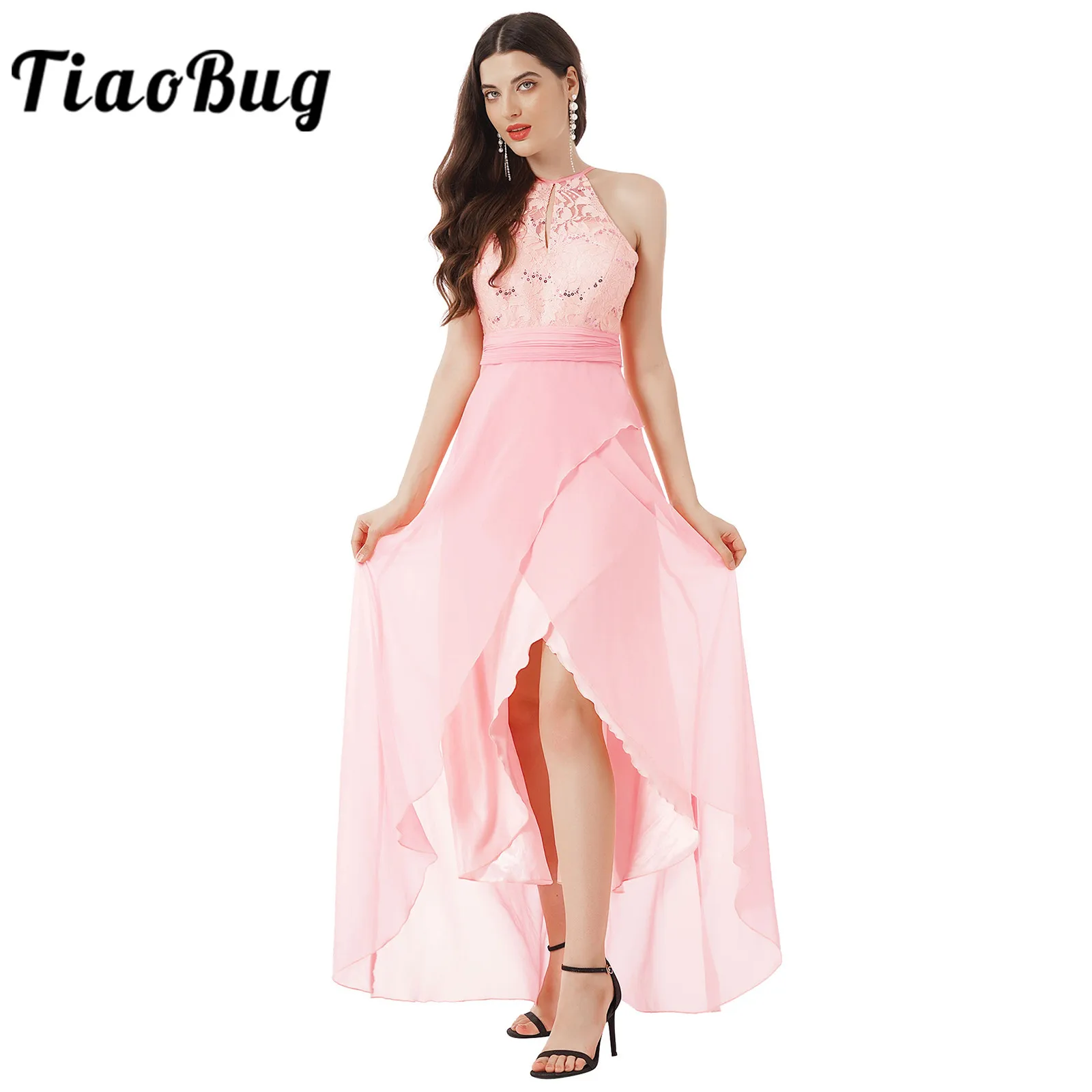 

Elegant Brideamaid Dresses Adults Women Lace Chiffon Halter Neck Ruffle Maxi Dress vestido de fiesta de boda Wedding Party Dress