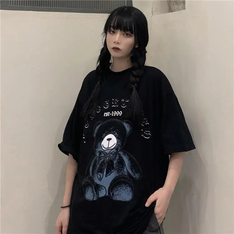 

Harajuku Bear Anime Print Woman Tshirts Goth Y2k Tops Street Retro Loose Short Sleeve Kawaii Graphic Christmas Plus Size Top