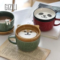 260ml cartoon ceramic mug cute shiba inu panda coffee cup with lid couple water cup student breakfast milk mug the birthday gift