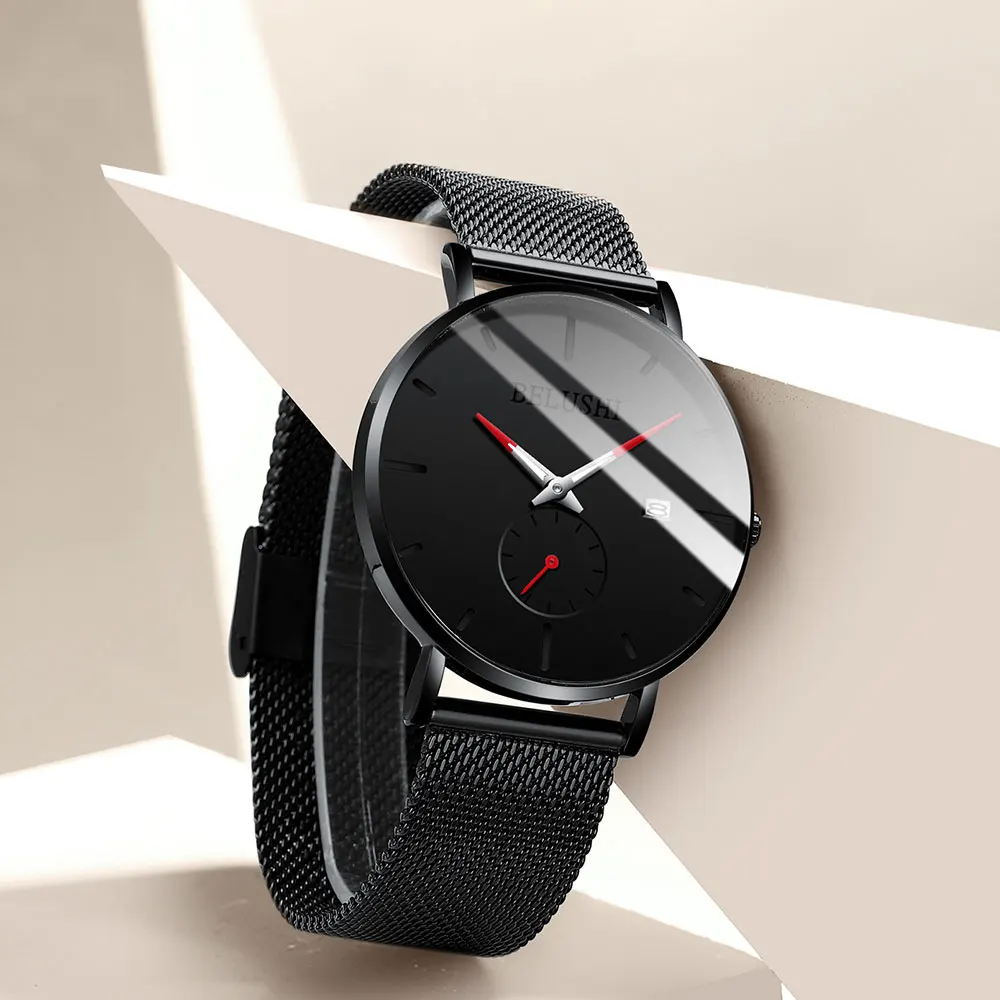 Belushi Man Watch 2019 Luxury Brand Stainless Steel Quartz Men Waterproof Black Date Ultra Thin Watches For Relogio | Наручные часы