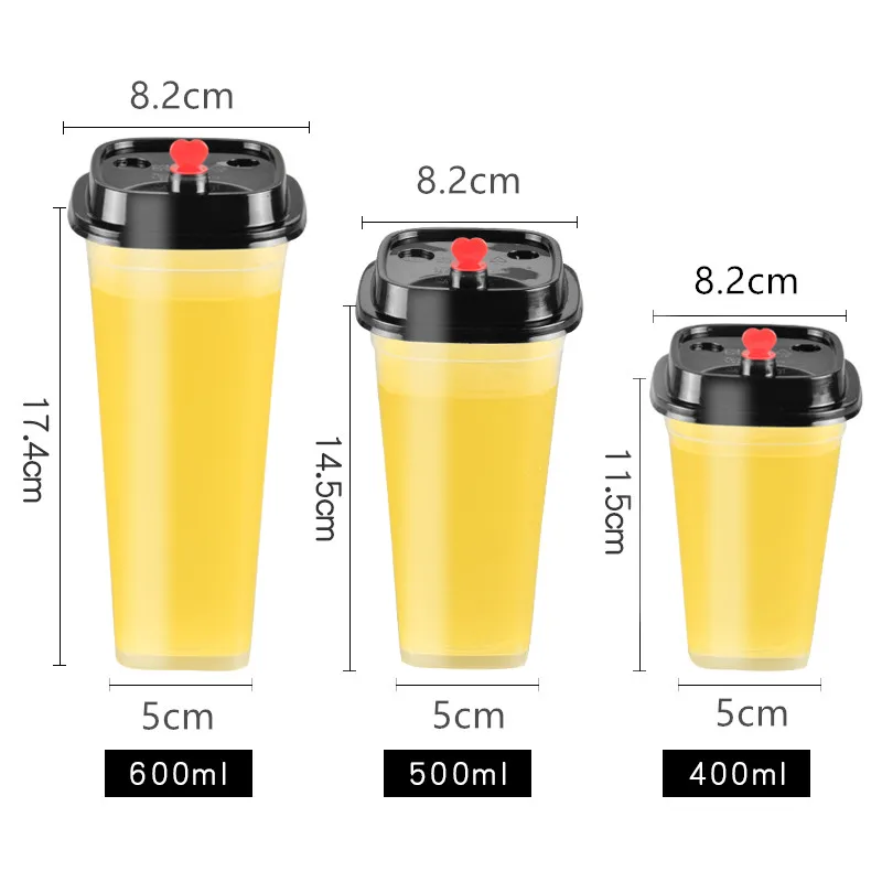 

50pcs Net red square disposable coffee cup thick transparent hard plastic cups birthday party 400ml 500ml 600ml drinking cup